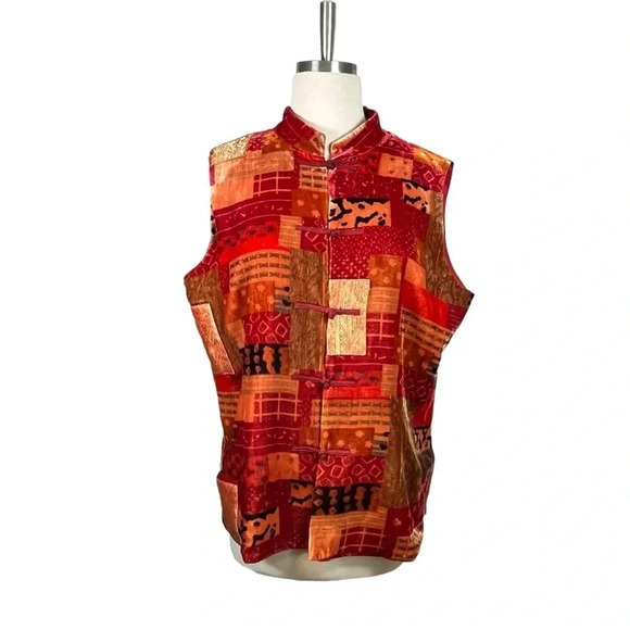 Coldwater Creek Velvet Patchwork Silk Blend Vest Asian Mandarin Women Size Large - Picture 1 of 10